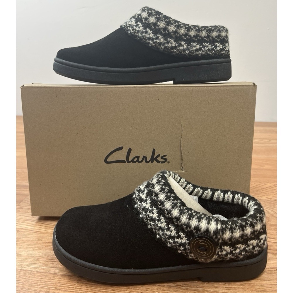 Clarks Sweater Clog Suede Slippers Women's Size 5 in Black Indoor/Outdoor NEW